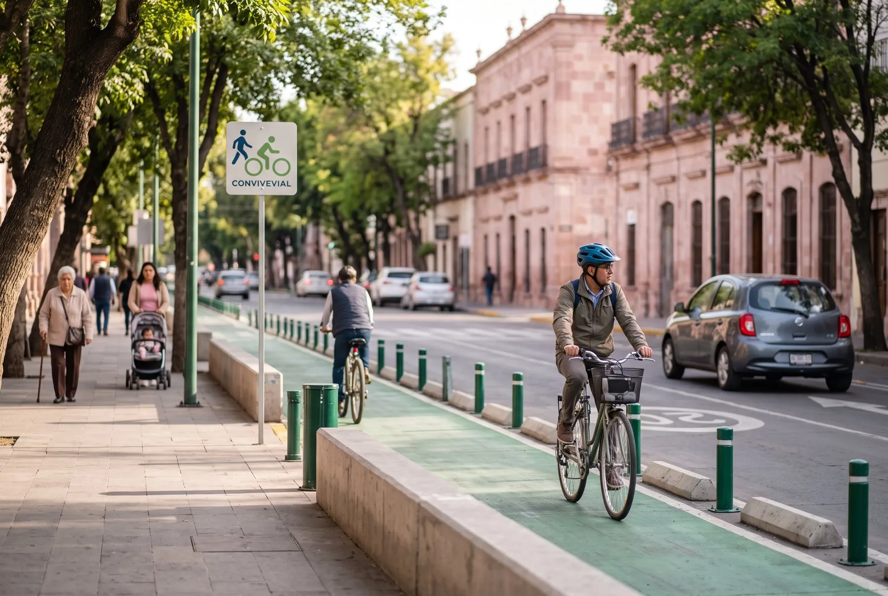 Ciclistas de distintas edades por una ciclovía protegida