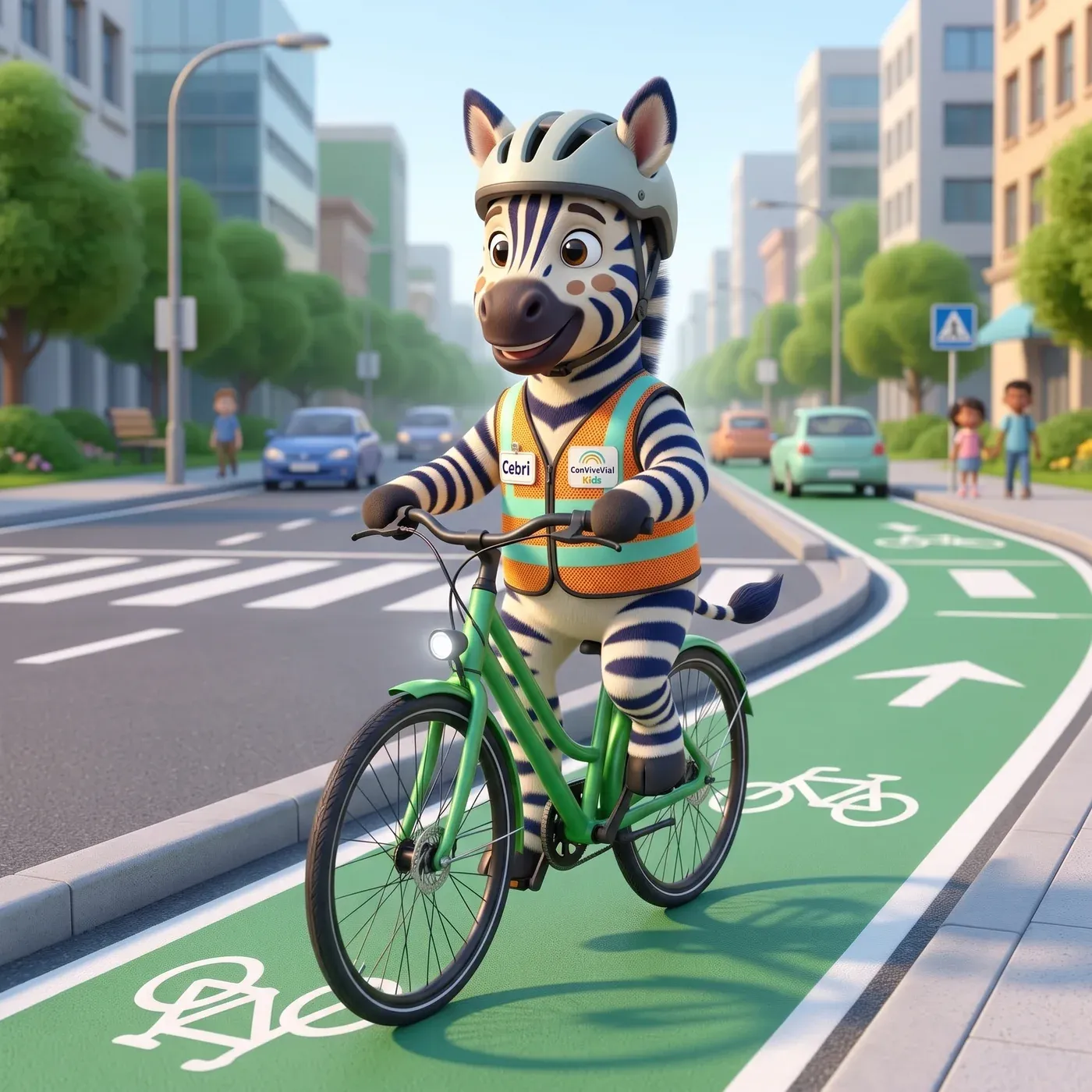 Cebri con casco y chaleco pedalea una bicicleta verde por una ciclovía