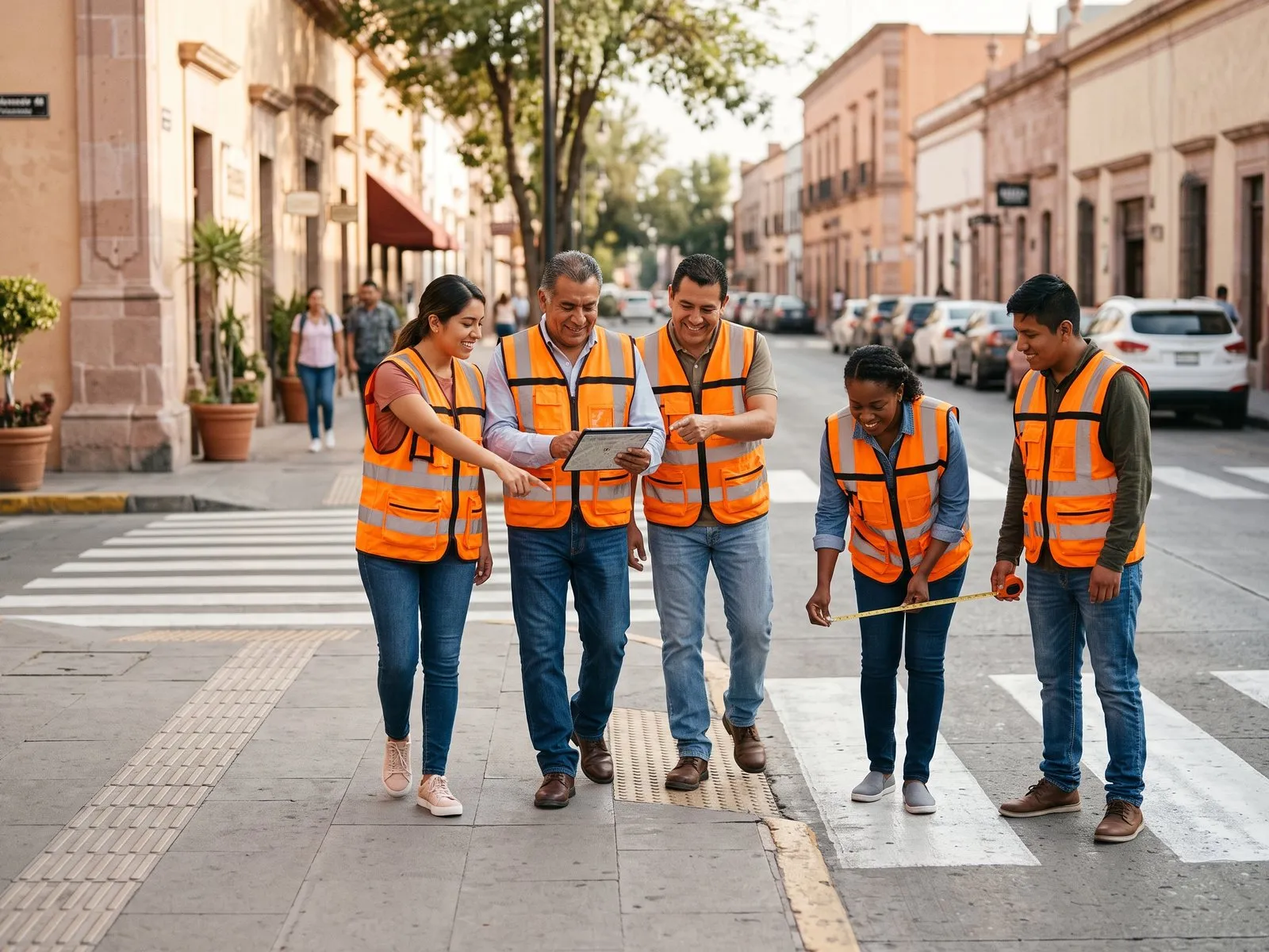 Imagen ilustrativa: equipo con chalecos reflectantes revisando un cruce peatonal